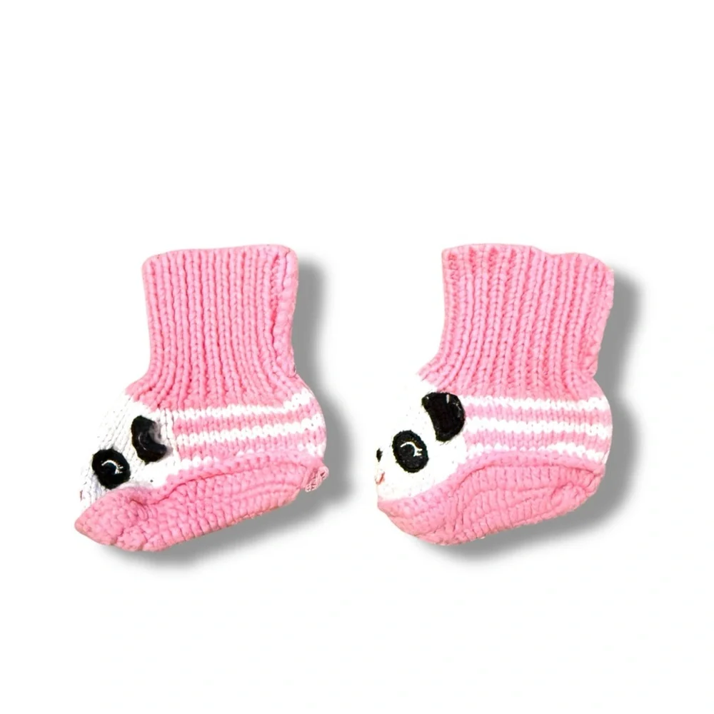 Handmade Baby Infant Socks Pink‎ & White Stripes Panda Crochet Knit